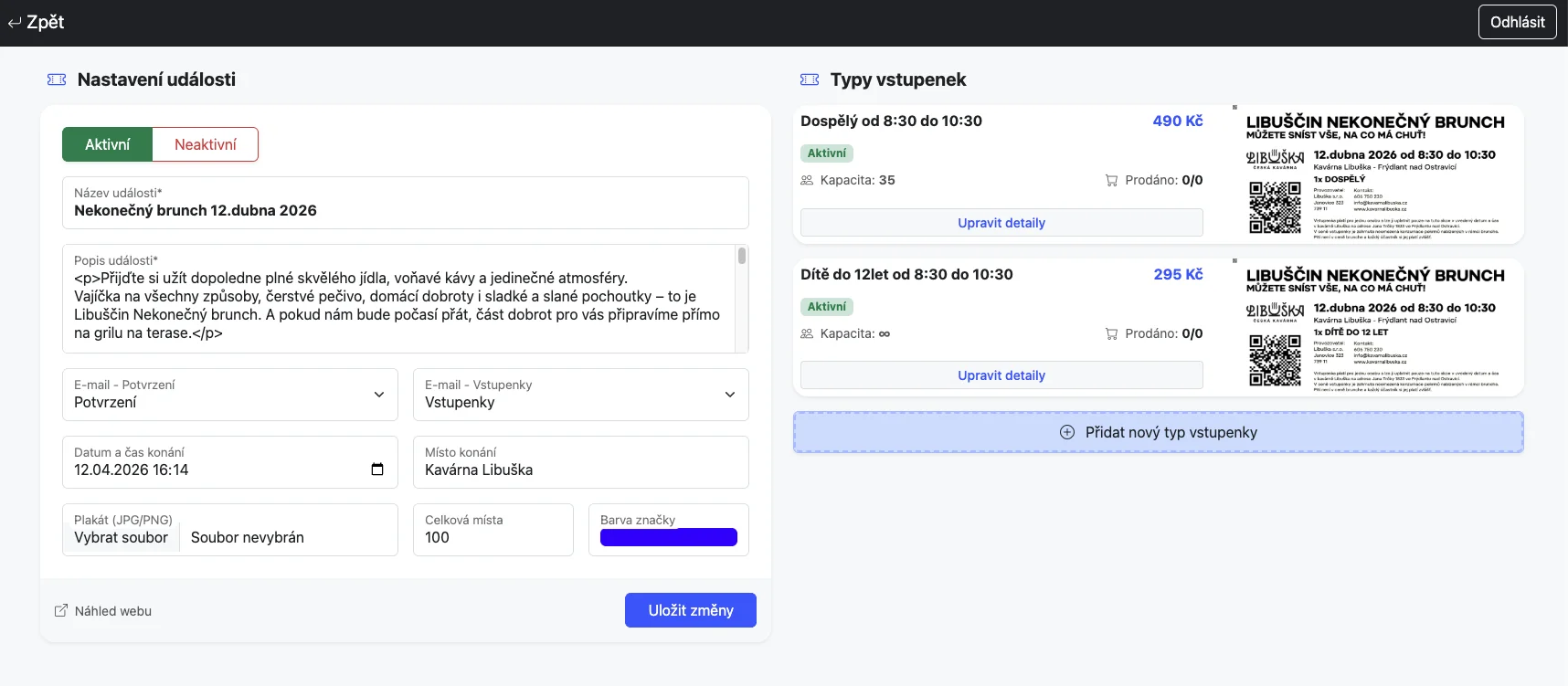 Nastavení akce a typů vstupenek v administraci All4ticket